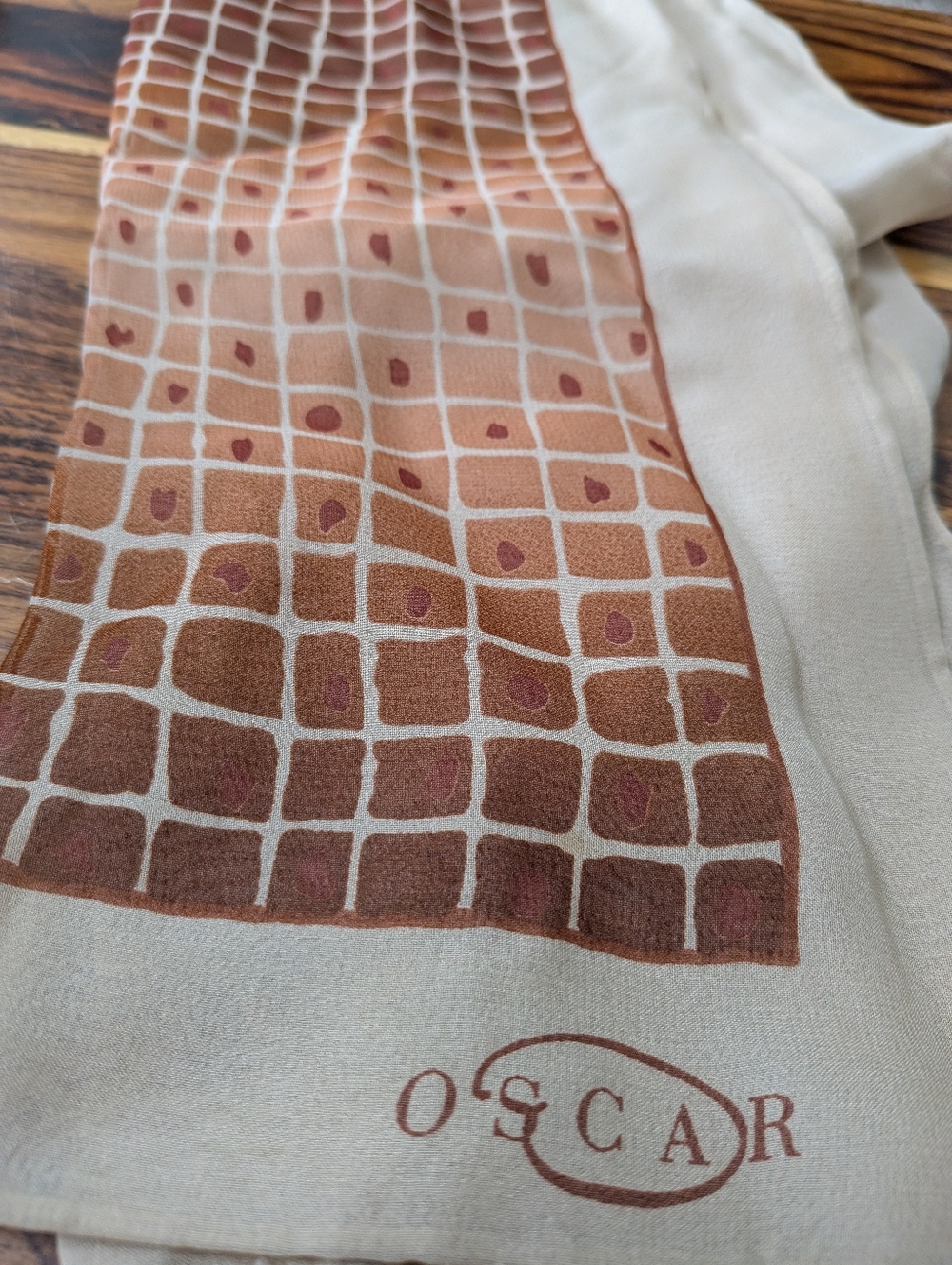 Oscar de la Renta Vintage Cream and Brown Silk Scarf with Grid Print